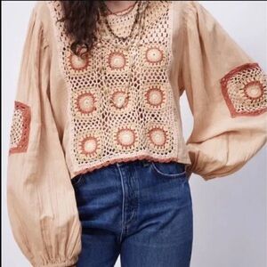 Zara Linen Granny Square Crochet Medallion Front Balloon Sleeve Cropped Top XS